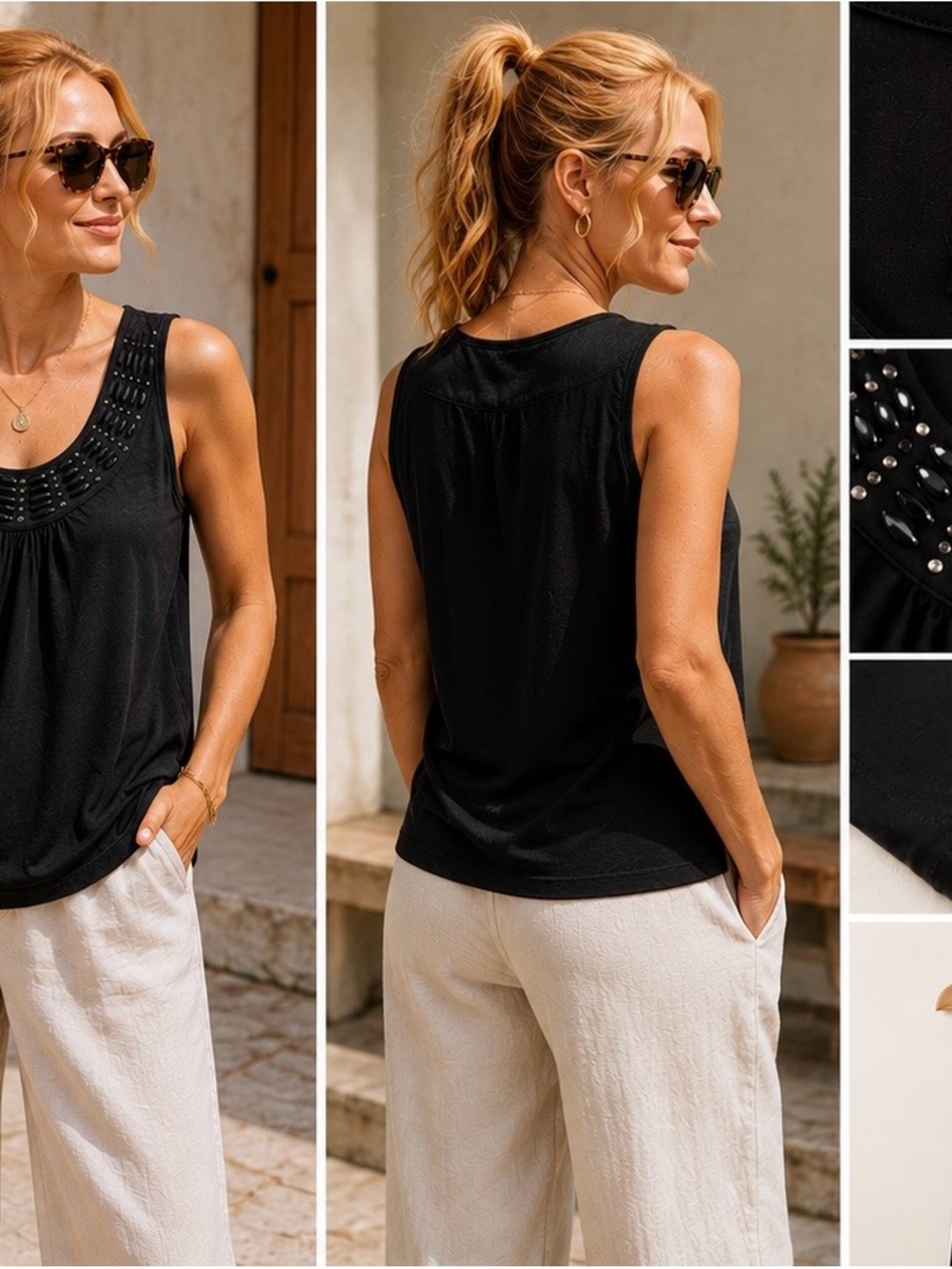 Kische Black Studded Scoop Neck Tank Top